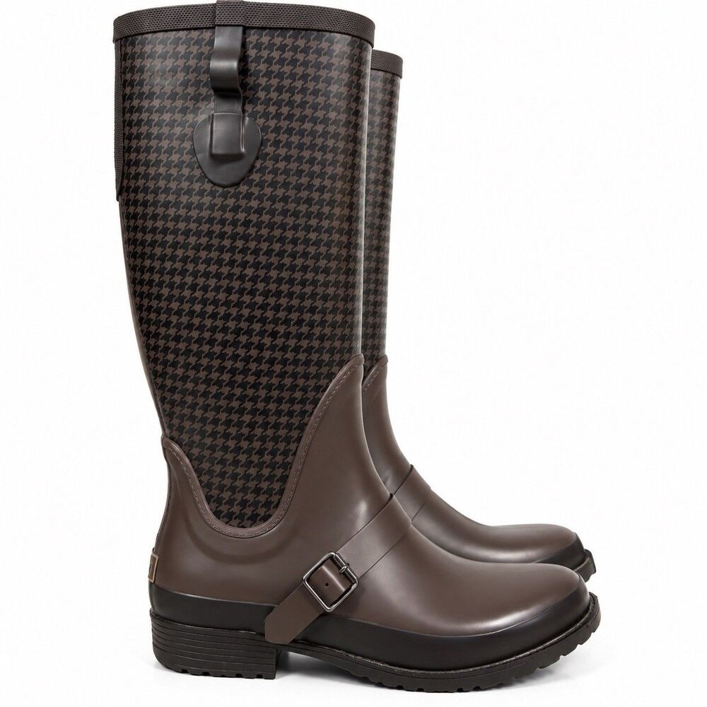 L.L.Bean Wellie Womens 10 M Houndstooth Tall Rain Boots Brown Black Waterproof